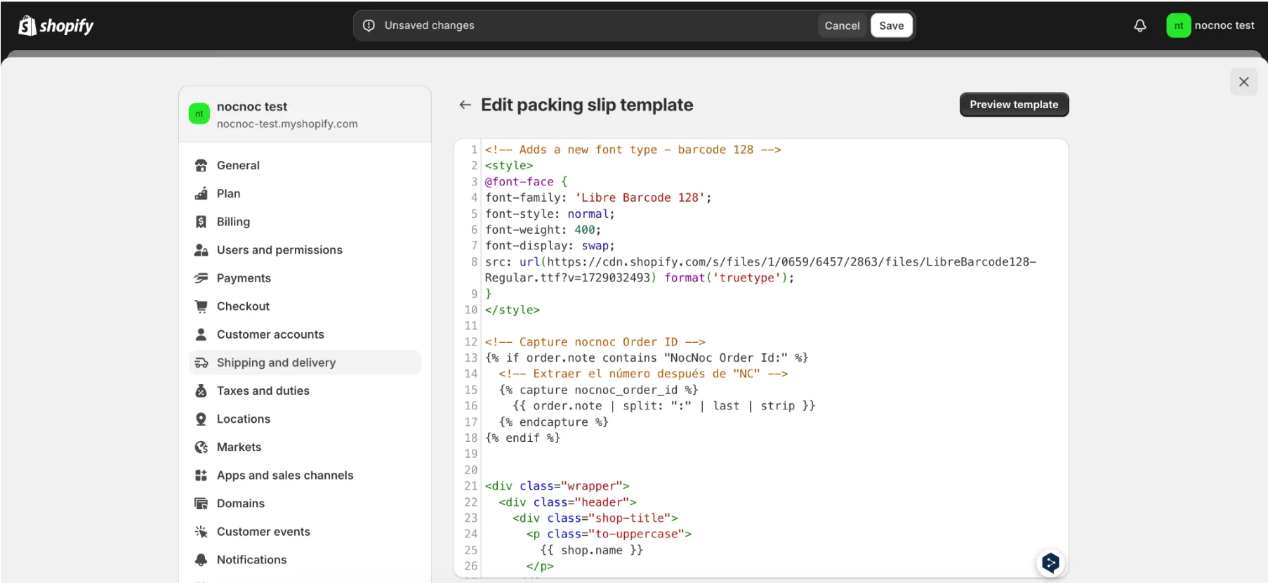 Capture code in native packing slip template