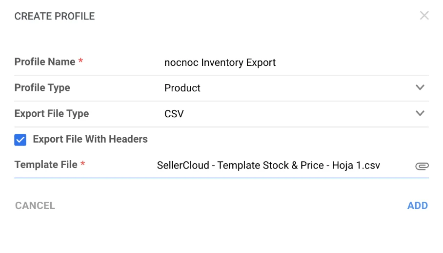 Create Export Profile — Inventory