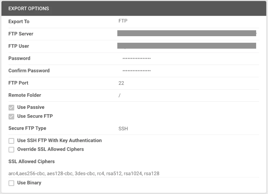 Export Options — FTP configuration for inventory export