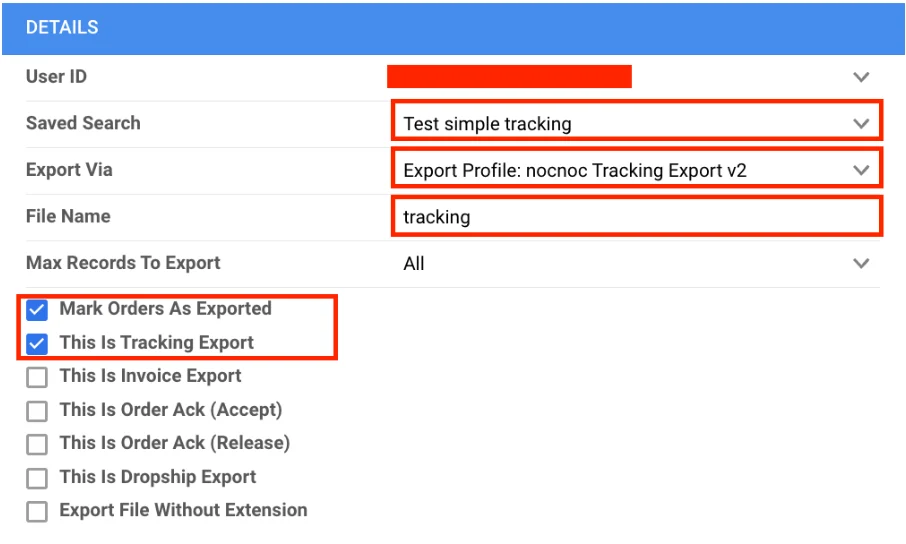 Details panel — Tracking export task configuration