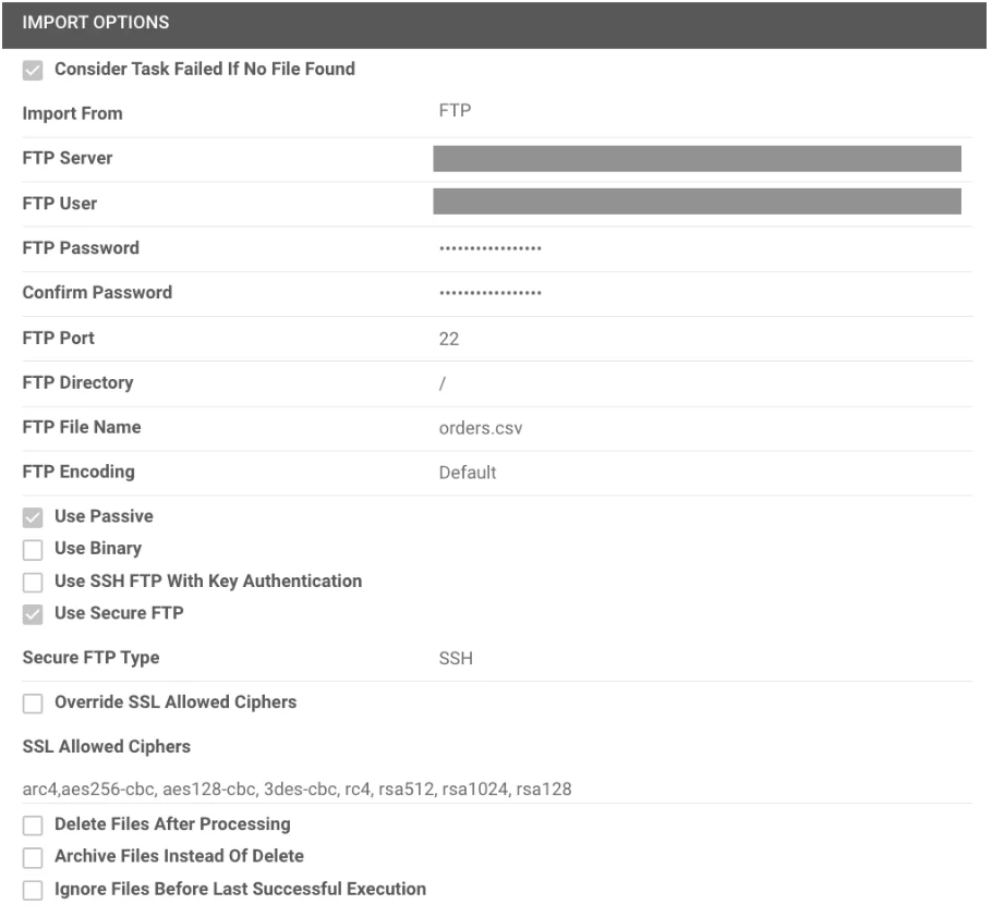 Import Options — FTP configuration for order import