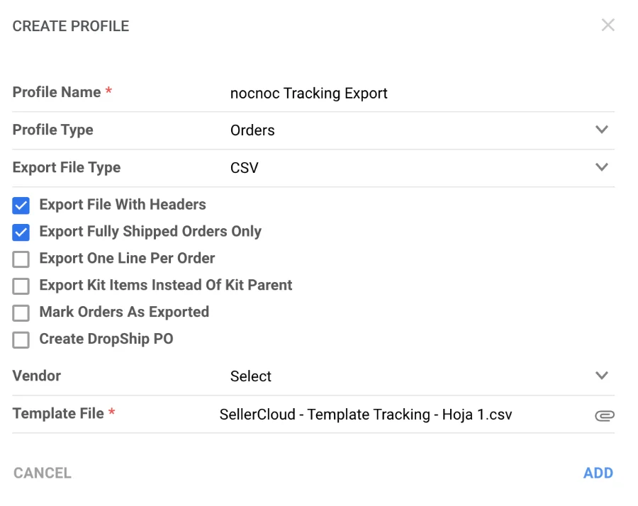 Create Export Profile — Tracking