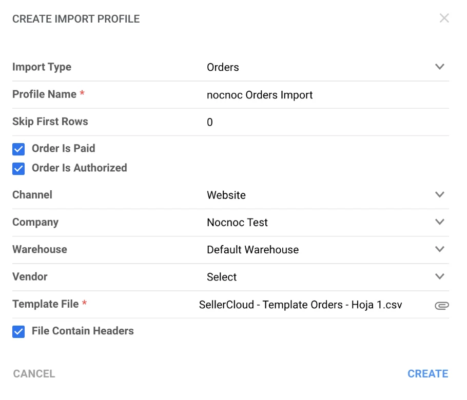 Create Import Profile — Orders