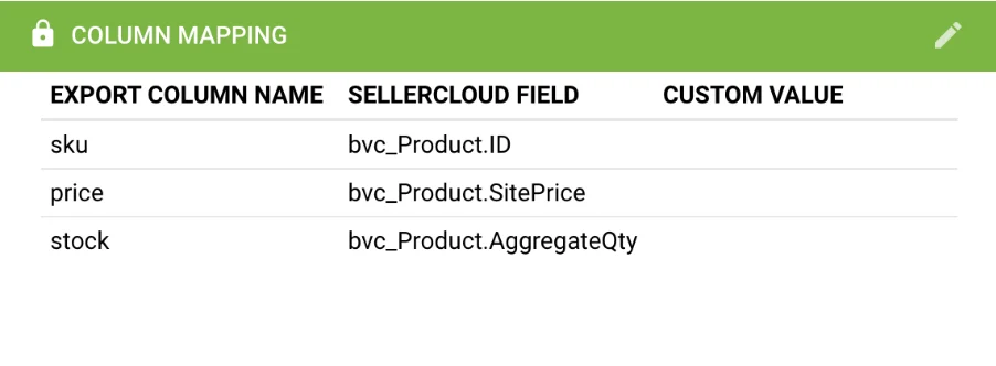 Column Mapping — Inventory export fields