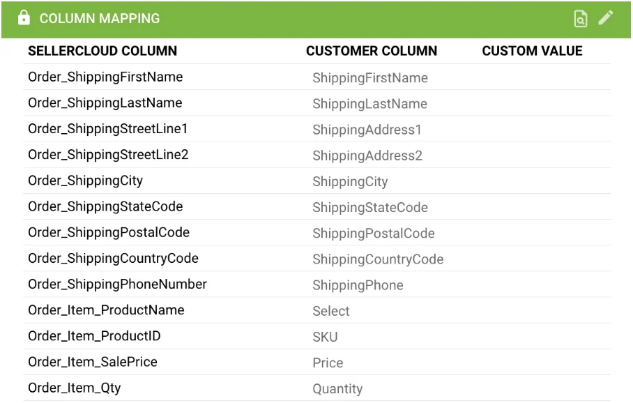 Column Mapping — Order import fields