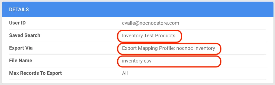 Details panel — Inventory export task configuration