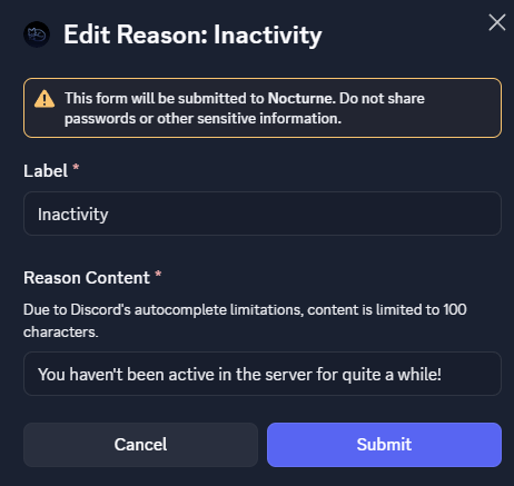 Config Reasons: Edit Config Reasons: Edit