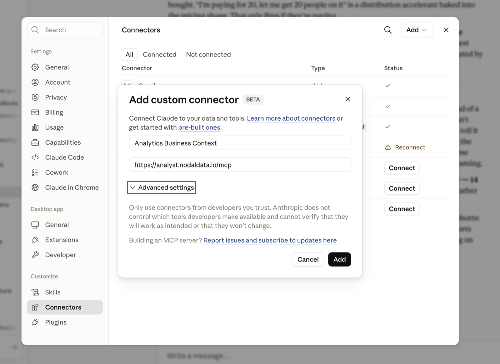 Claude Desktop Add custom connector dialog with the Nodal name and URL filled in