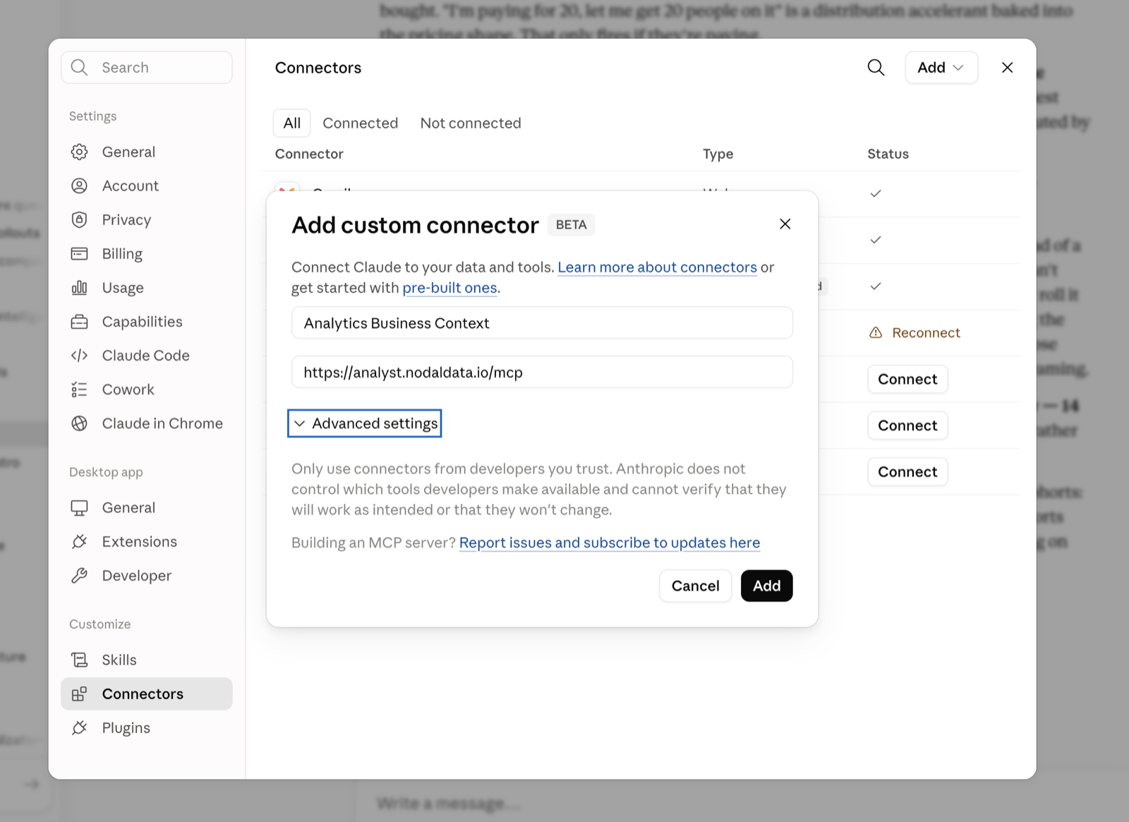 Claude Desktop Add custom connector dialog with the Nodal name and URL filled in