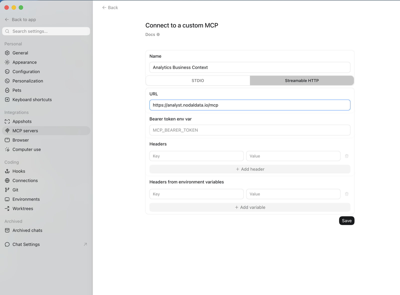 Codex Desktop Connect to a custom MCP dialog with the Nodal name, Streamable HTTP transport, and URL filled in