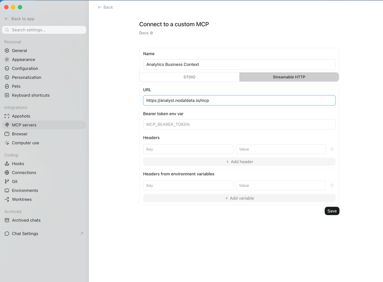Codex Desktop Connect to a custom MCP dialog with the Nodal name, Streamable HTTP transport, and URL filled in