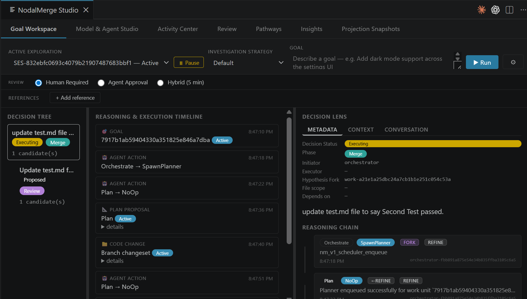 Control Tower — Goal Workspace tab showing an in-progress goal's Decision Tree, Reasoning & Execution Timeline, and Decision Lens