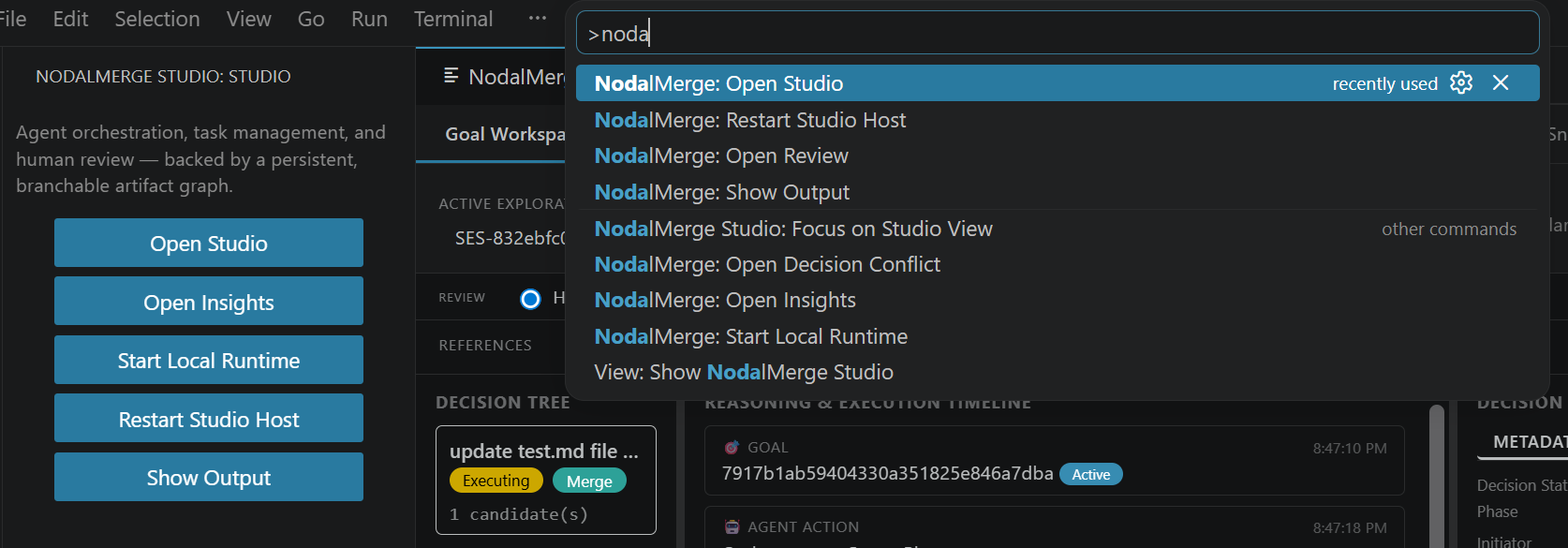 Command palette filtered to "noda", showing the full NodalMerge command set