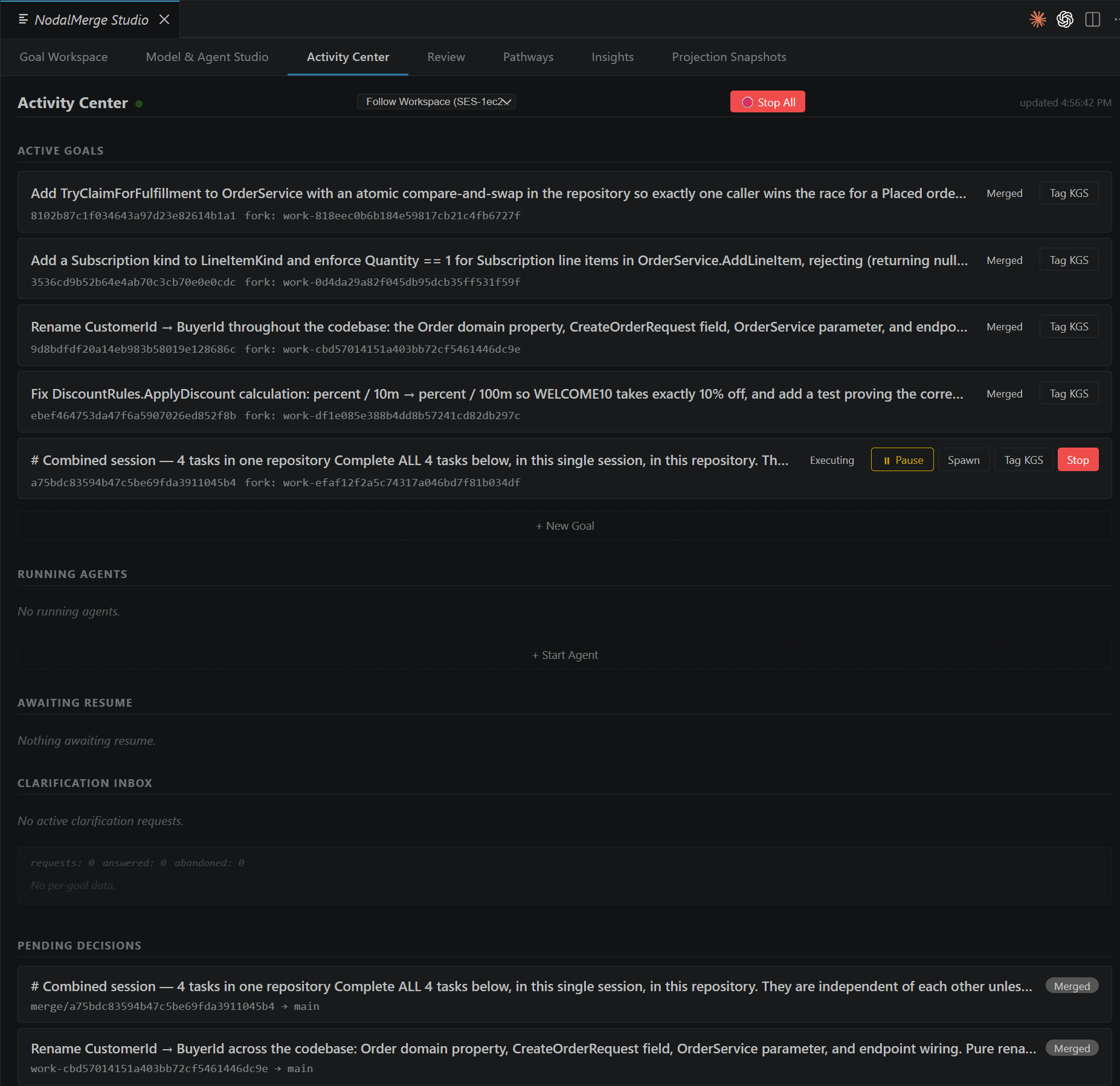 Activity Center with Active Goals, Running Agents, and Pending Decisions populated