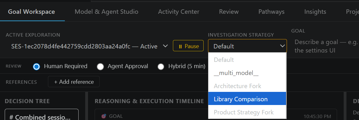 Goal Workspace topbar with the strategy dropdown expanded, showing Default, Multi-Model Comparison, Architecture Fork, Library Comparison, and Product Strategy Fork