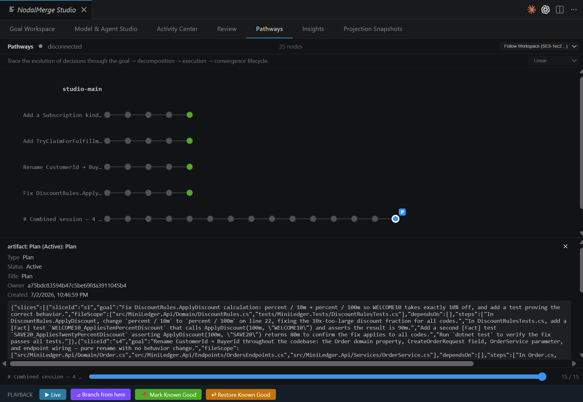 Pathways timeline view with the scrubber mid-timeline and playback bar controls visible