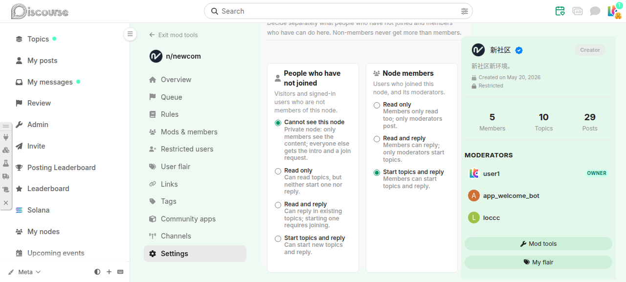 Settings — access and posting
