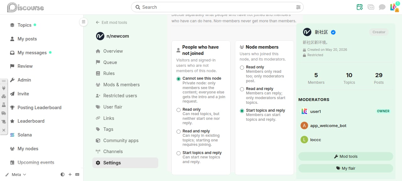 Settings — access and posting