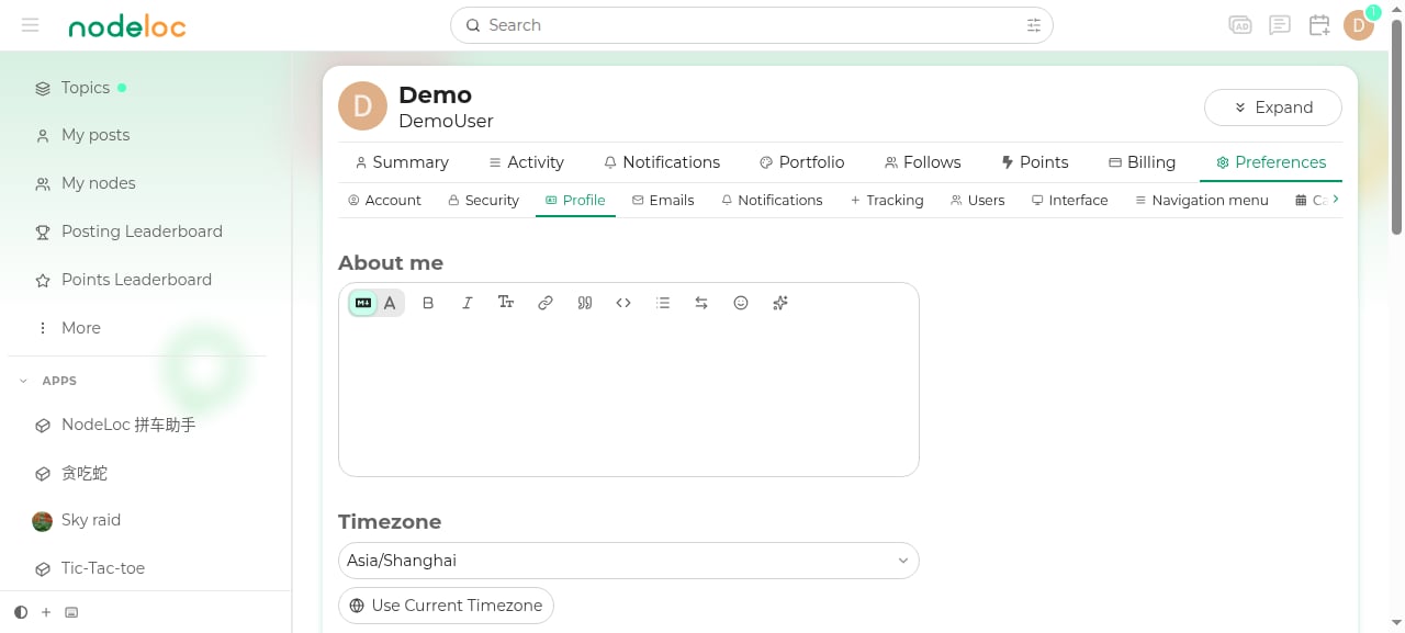 Profile settings page