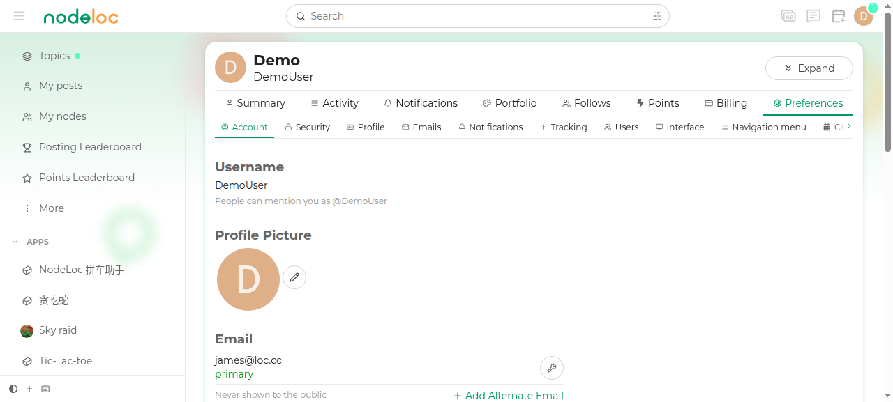 The Account page in Preferences