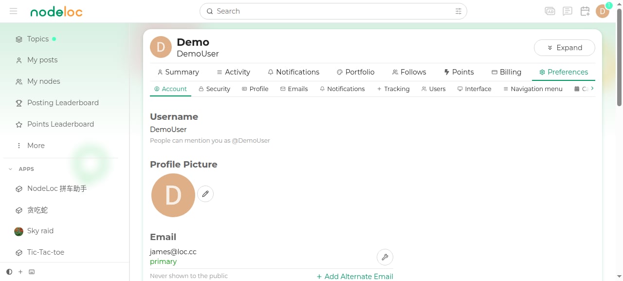 The Account page in Preferences