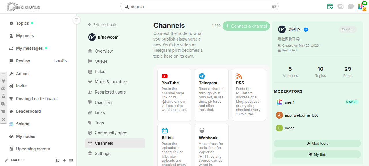 Connect a channel — pick a type