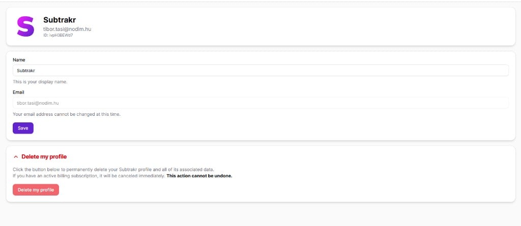 Account settings page showing profile details and delete profile section