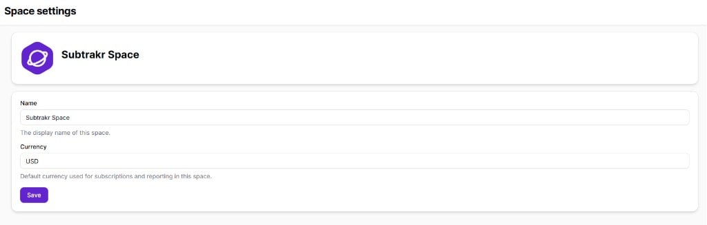Space settings page showing space name and currency