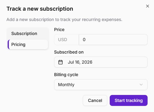 Track a new subscription form showing price, subscribed on, and billing cycle fields