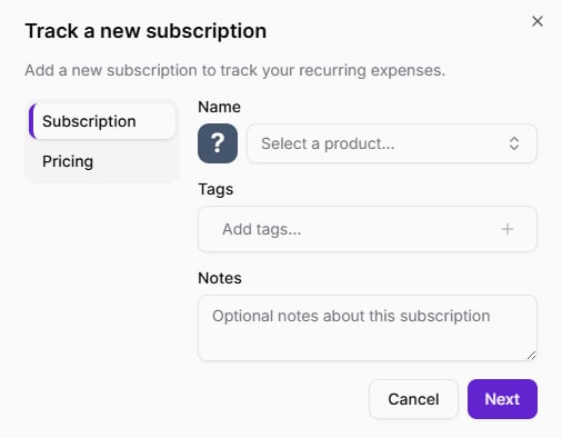 Track a new subscription form showing name, tags, and notes fields