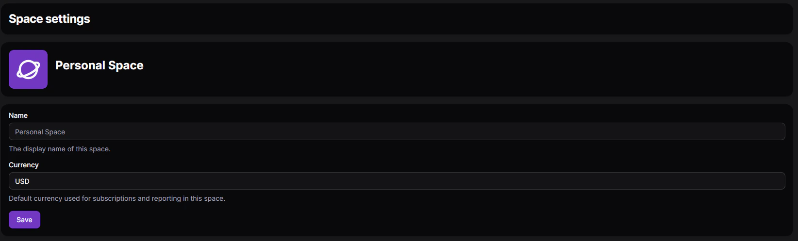 Space settings page showing space name and currency