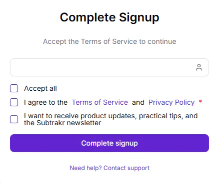 Subtrakr complete signup page