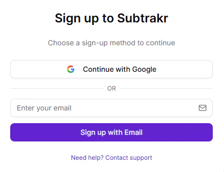 Subtrakr sign-up page