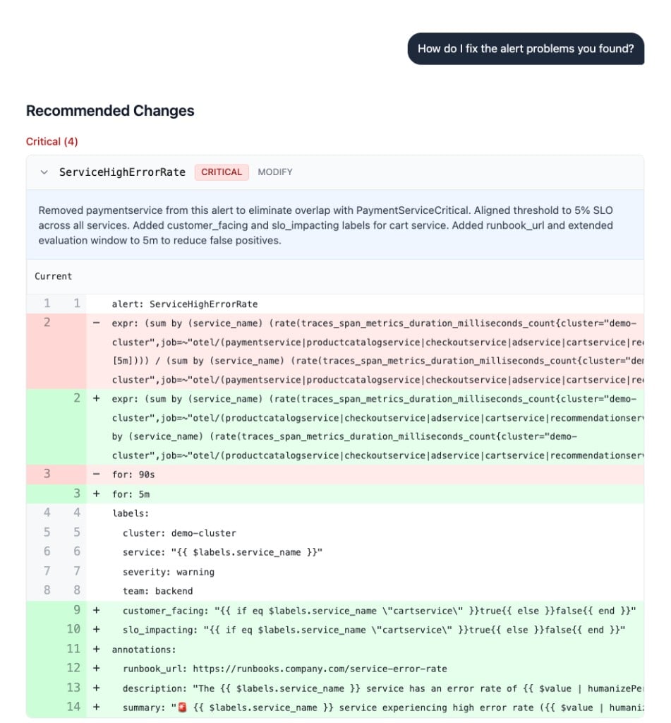 NOFire generating recommended alert rule changes with a diff showing threshold alignment, added labels, and runbook annotations