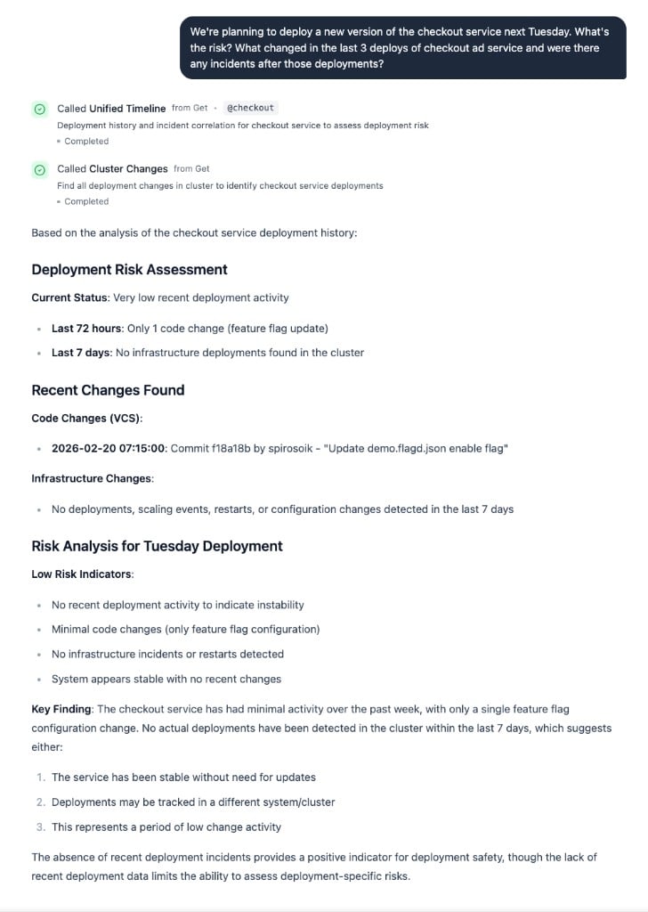 Deployment risk assessment in NOFire Chat dashboard showing risk analysis, recent changes, and low risk indicators for the checkout service