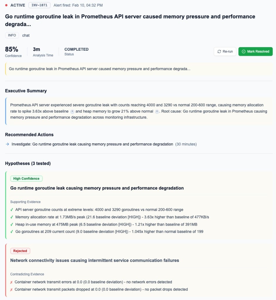 NOFire investigation dashboard showing 85% confidence root cause: Go runtime goroutine leak in Prometheus causing memory pressure, with executive summary, recommended actions, and tested hypotheses
