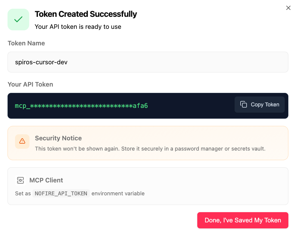 API Token created with copy button and security warning