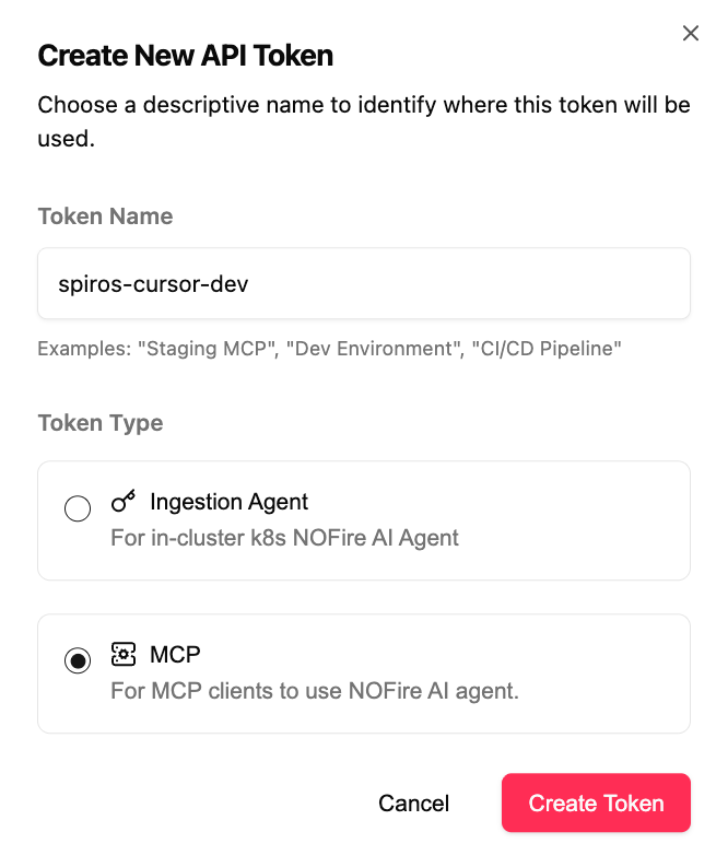 Create API Token form with MCP type selected
