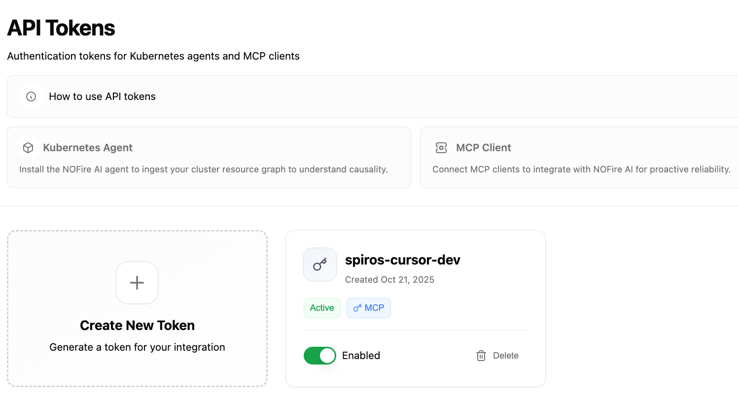 API Tokens list showing enable/disable toggle and delete button