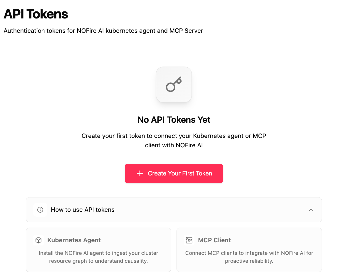 NOFire AI API Tokens empty state