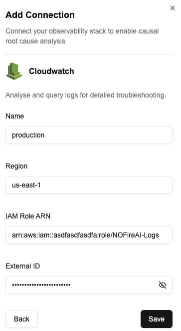 NOFire AI CloudWatch Connection Form