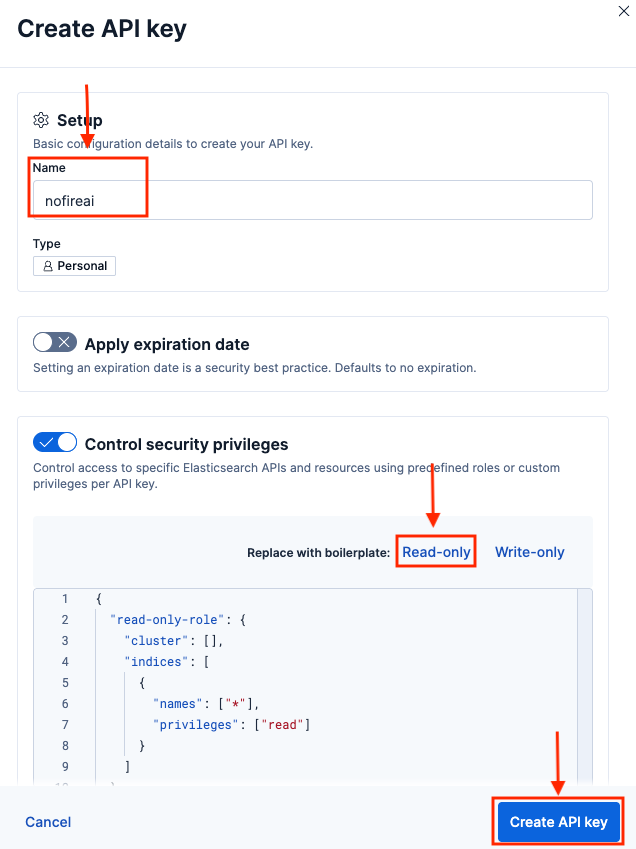 NOFire AI Elastic Api Key Configure Pn