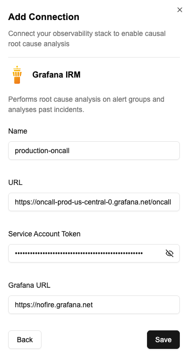 NOFire AI Grafana IRM Connection Form