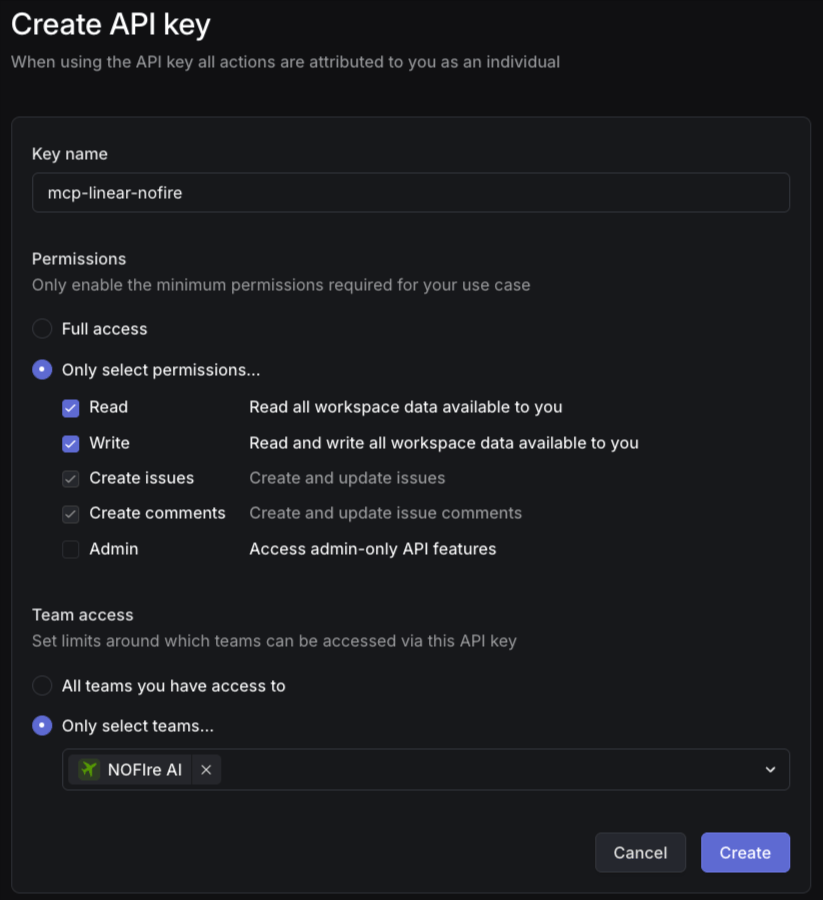 Linear API key creation with recommended permissions
