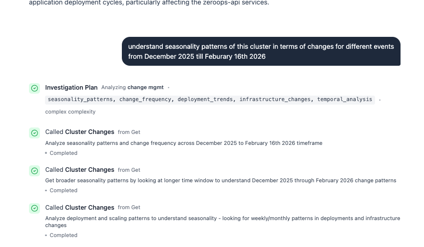 NOFire AI building an investigation plan for seasonality patterns, pulling cluster change data