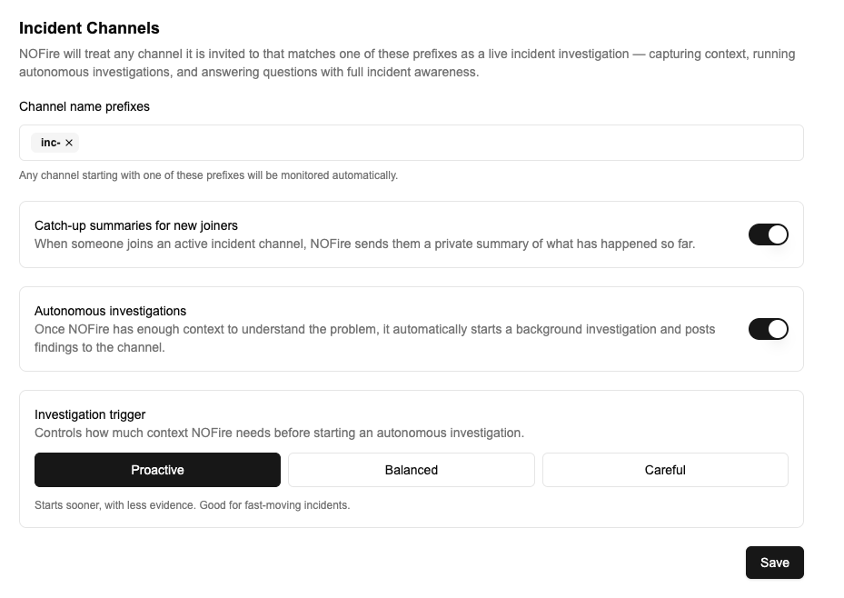Incident Channels settings showing channel name prefix input, catch-up summaries toggle, incident channel analysis toggle, and analysis trigger selector with Proactive, Balanced, and Careful options