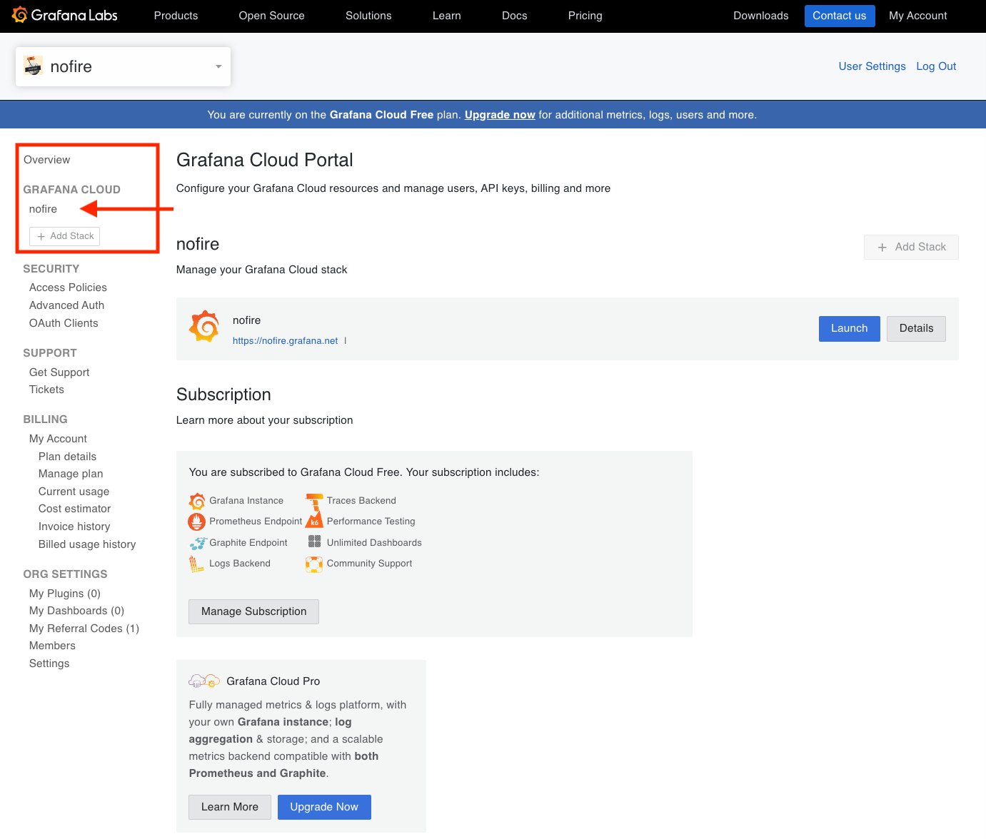 NOFire AI Grafana Cloud Stack Portal Select Pn