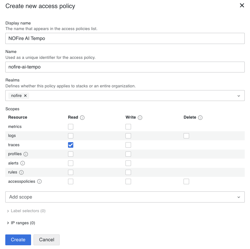 NOFire AI Grafana Cloud Traces Access Policy Portal Pn