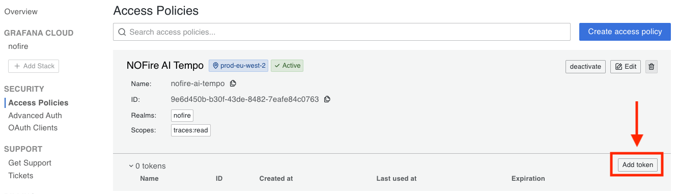 NOFire AI Grafana Cloud Traces Access Policy Token Portal Pn