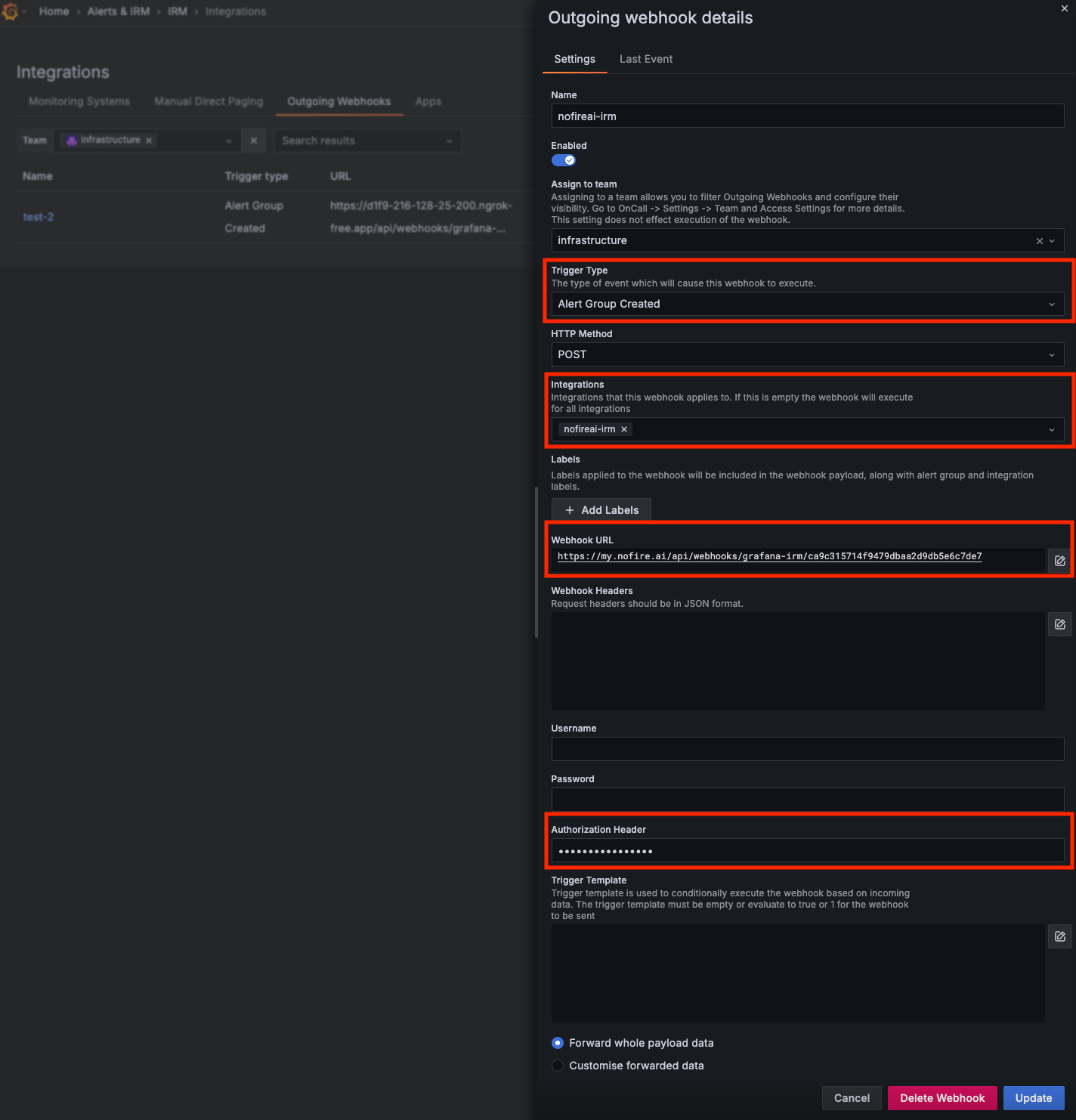 NOFire AI Grafana Irm Grafana Stack Service Account Token Create Outgoing Webhook Form Pn